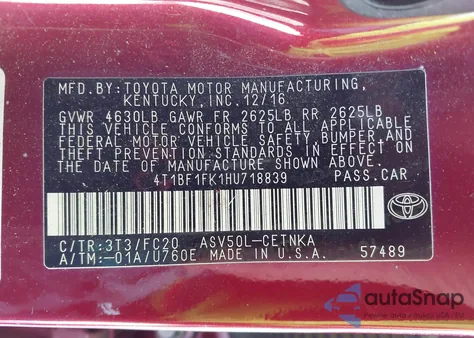 2017 Toyota Camry Le из США, поврежденный, VIN 4T1BF1FK1HU718839